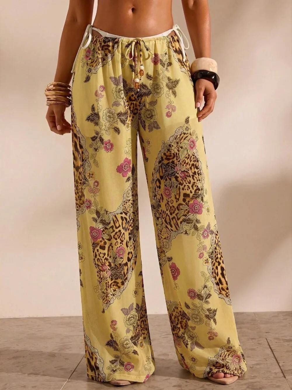 Multicolor Women's Floral Print Casual Vacation Cover-Up sheer Pants